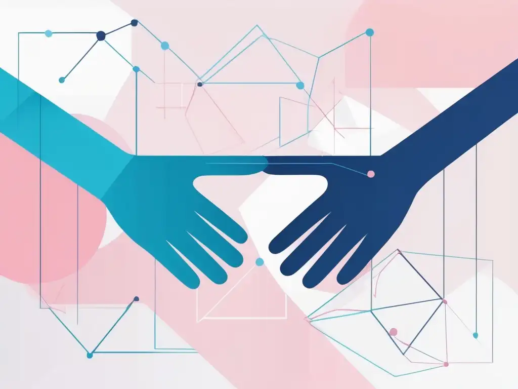 Manos entrelazadas en formas geométricas Habilidades blandas para comunicación virtual: manos abstractas entrelazadas en tonos azules y rosados, representando la complejidad y conexión de las habilidades blandas en la comunicación virtual