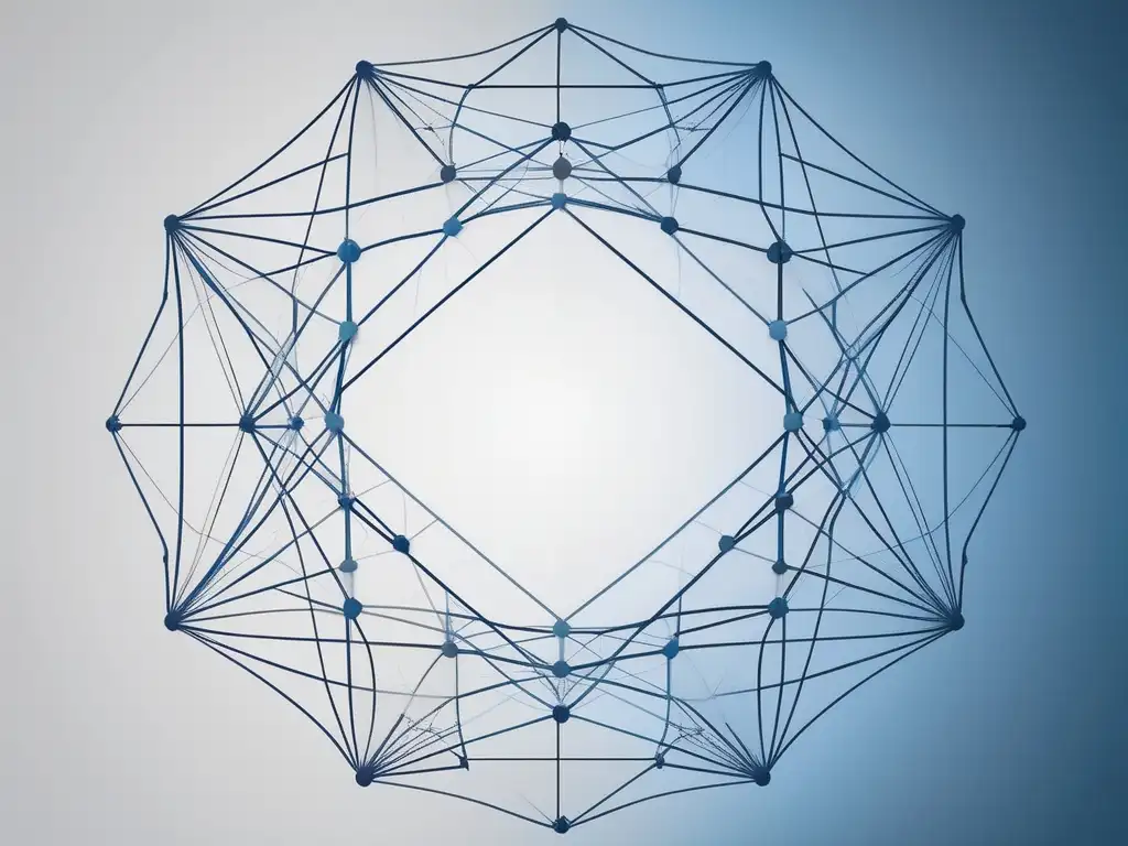 Ganar influencia en un grupo con formas geométricas interconectadas en tonos azules y grises