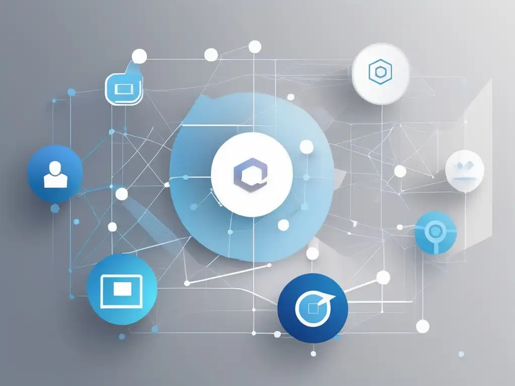 Interfaz minimalista de comunicación virtual con nodos interconectados, representando video llamadas, mensajería instantánea y correo electrónico