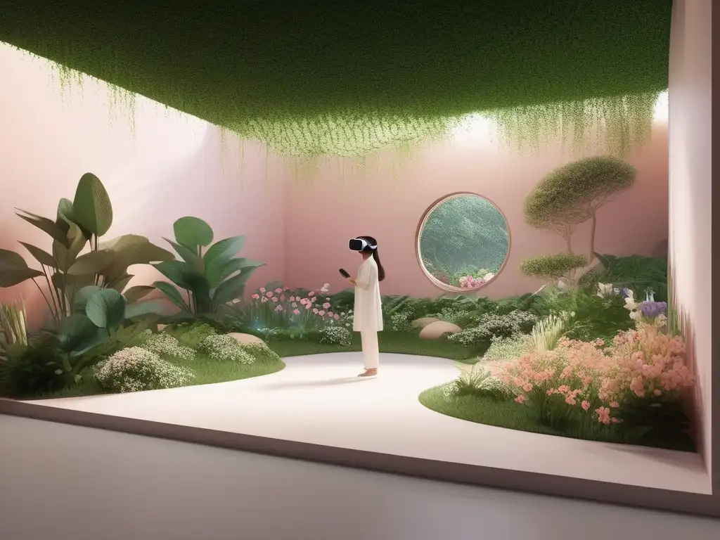Un oasis virtual para la resolución de conflictos Imagen: Realidad Virtual para manejo de conflictos en un sereno entorno de jardín, con naturaleza exuberante y figura resuelta