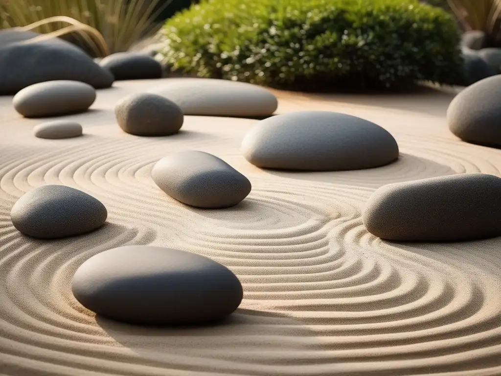 Imagen de un jardín Zen sereno y equilibrado, representando la gestión del estrés en liderazgo