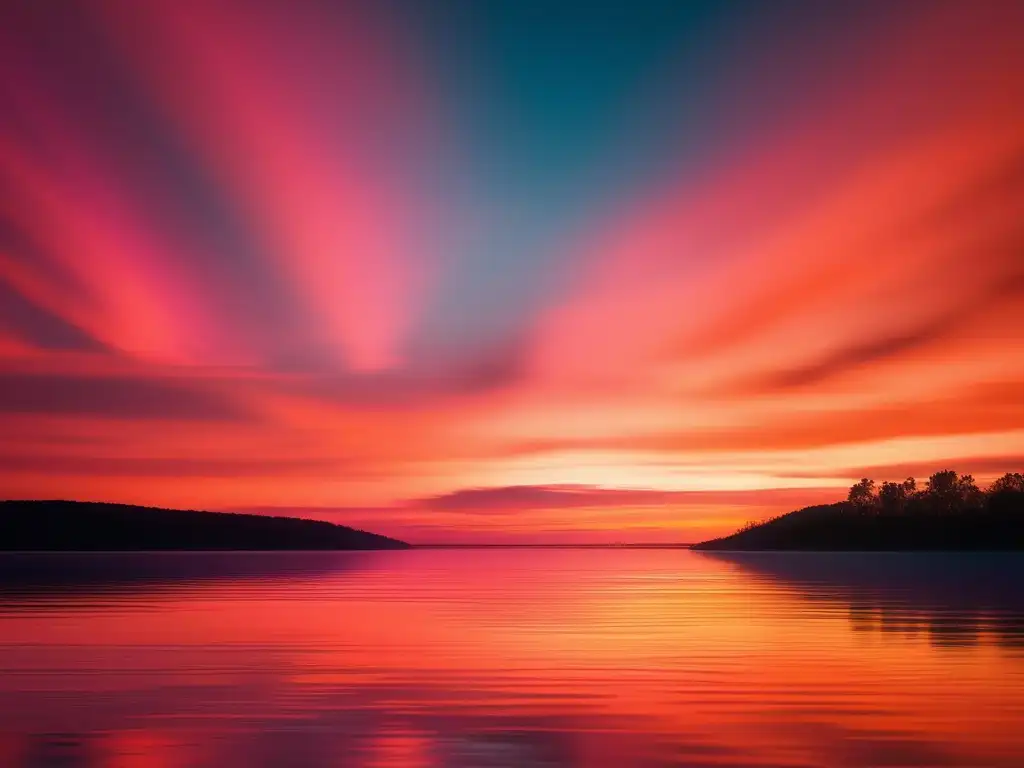 Mejorar adaptabilidad en mundo tecnológico: atardecer en lago sereno con colores vibrantes