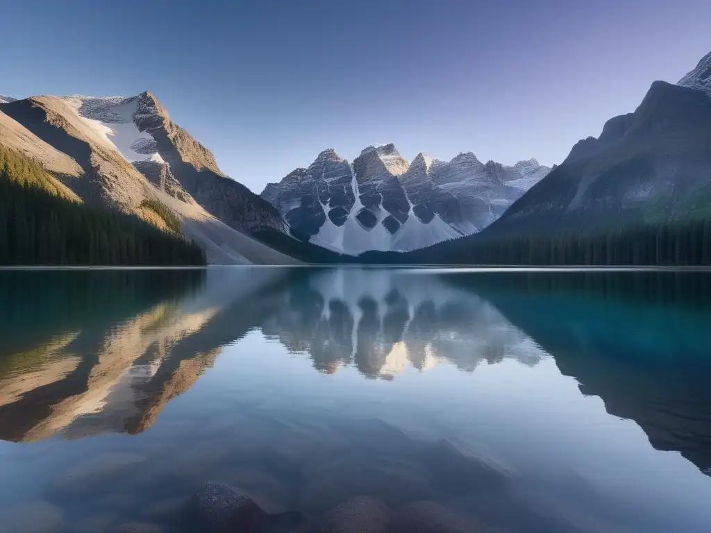 Lago sereno rodeado de montañas, reflejos perfectos, colores suaves