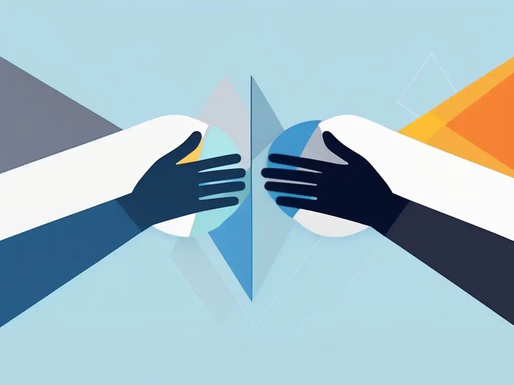 Manos digitales conectadas en diálogo Importancia de la empatía digital: manos geométricas en pantalla, simbolizando la conexión auténtica y vibrante en el diálogo online