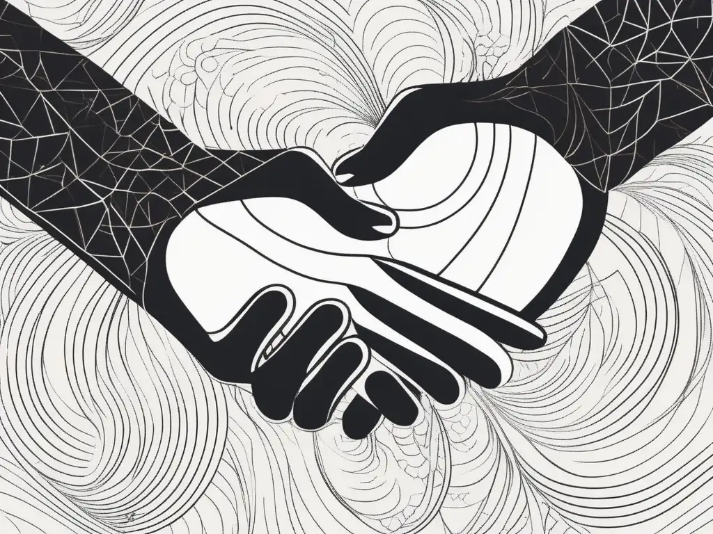 Importancia ética en el siglo XXI: Dos manos entrelazadas, líneas y patrones simbolizan comunicación, empatía y relaciones duraderas