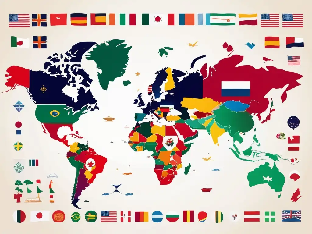 Mapa del mundo con símbolos culturales y colores vibrantes que representan la importancia de la comunicación intercultural