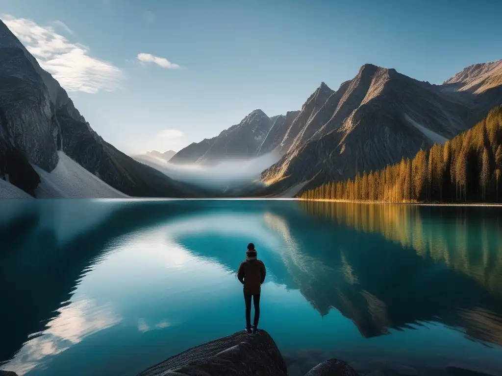 Persona reflexionando en majestuoso paisaje de montañas y lago, transmitiendo importancia del autoconocimiento