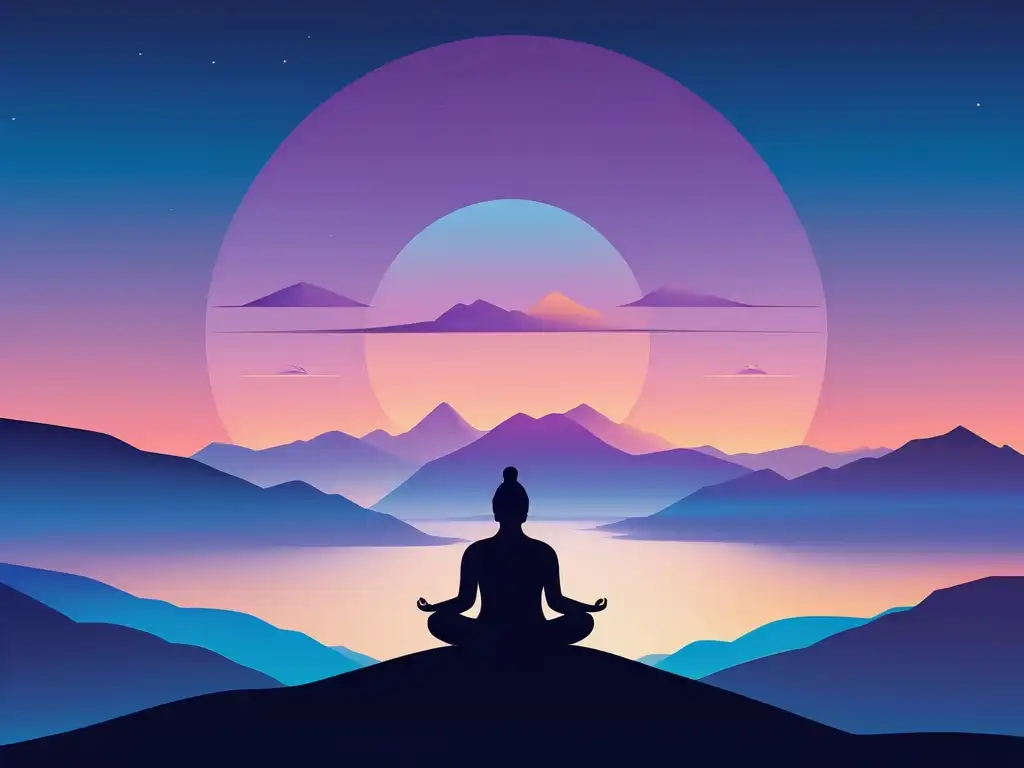 Meditación en la montaña Persona meditando en montaña: Manejo del estrés en el mundo digital