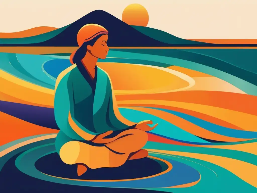 Beneficios del mindfulness en la alimentación: persona meditando en playa con colores transformadores