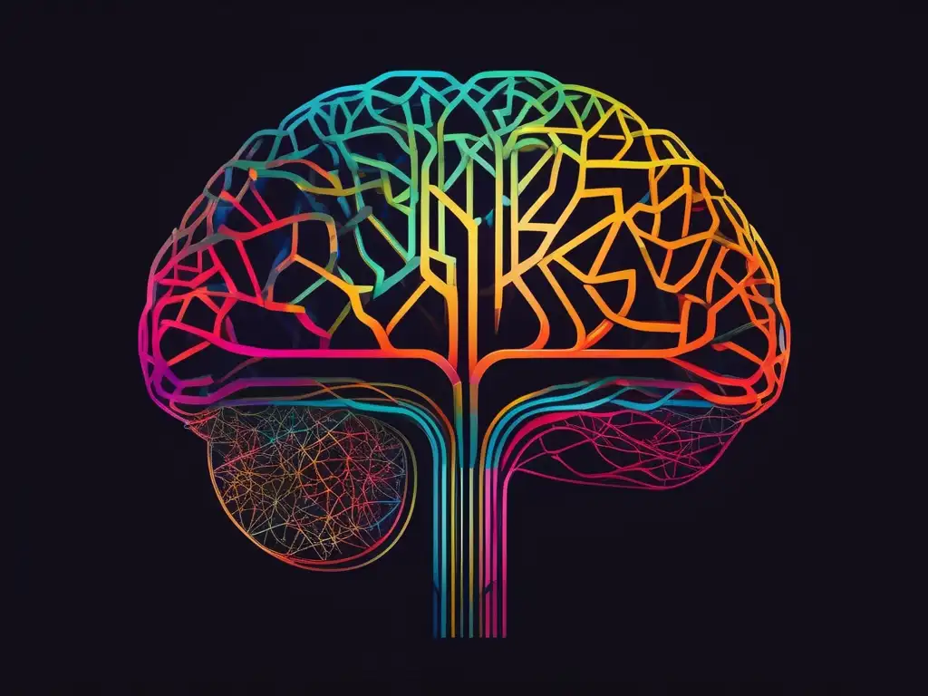 Potencia la creatividad y liderazgo con un cerebro abstracto, vibrante y multicolor en un entorno oscuro