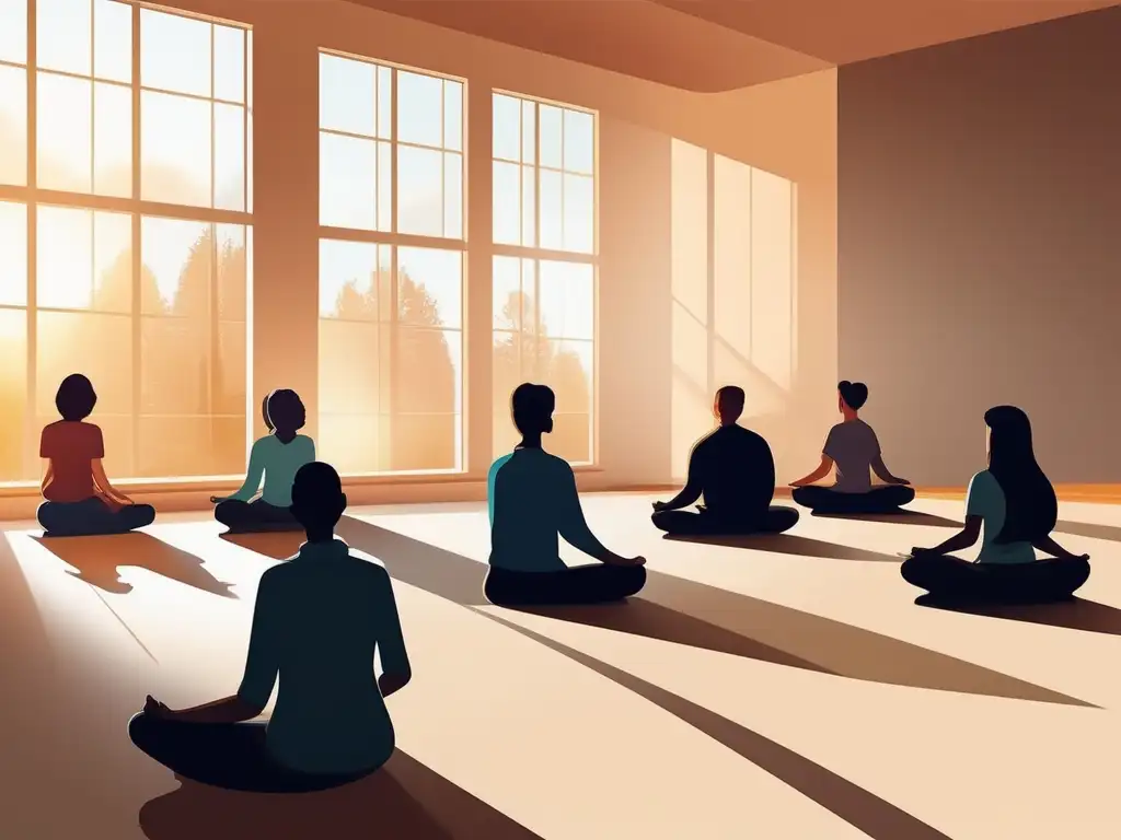 Beneficios del mindfulness en educación: Escena tranquila y serena en un aula con estudiantes practicando técnicas de relajación