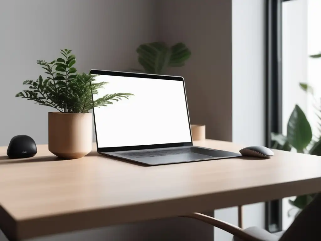 Espacio de trabajo minimalista en tonos suaves con laptop, ratón inalámbrico y planta, transmitiendo habilidades blandas en teletrabajo