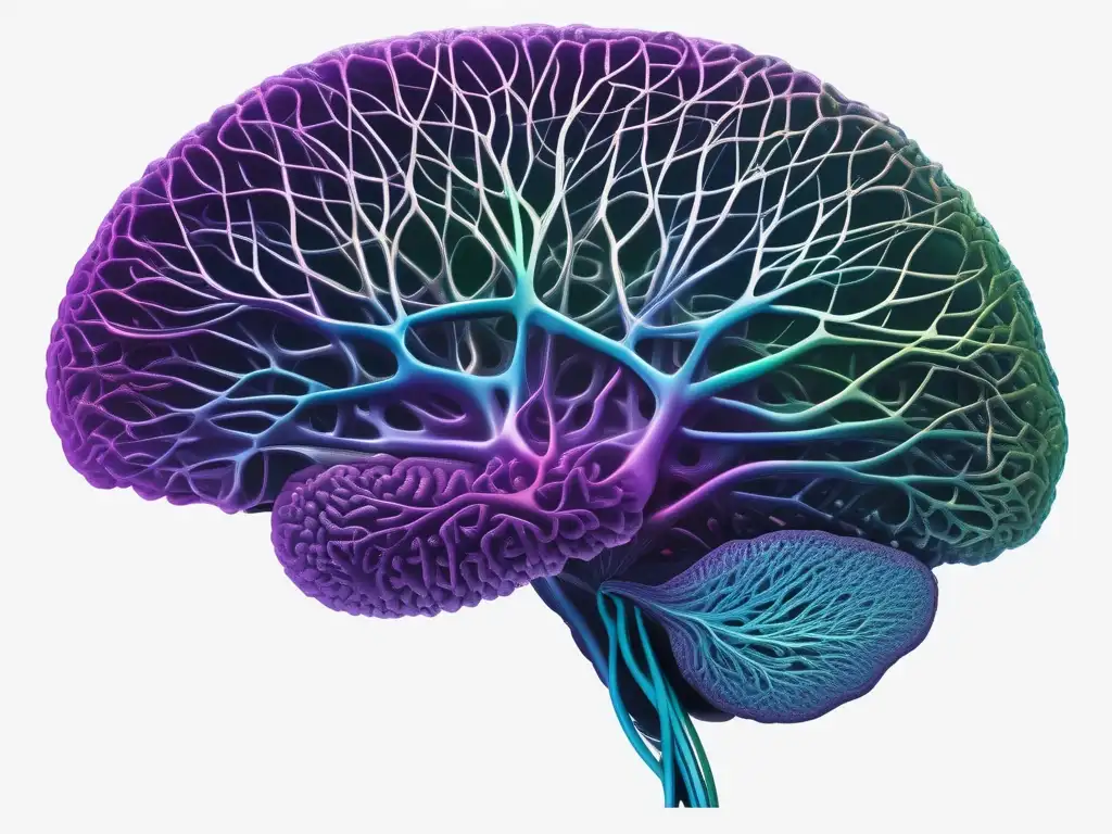 Neurociencia: Resolución conflictos efectiva, cerebro interconectado en azules, verdes y púrpuras