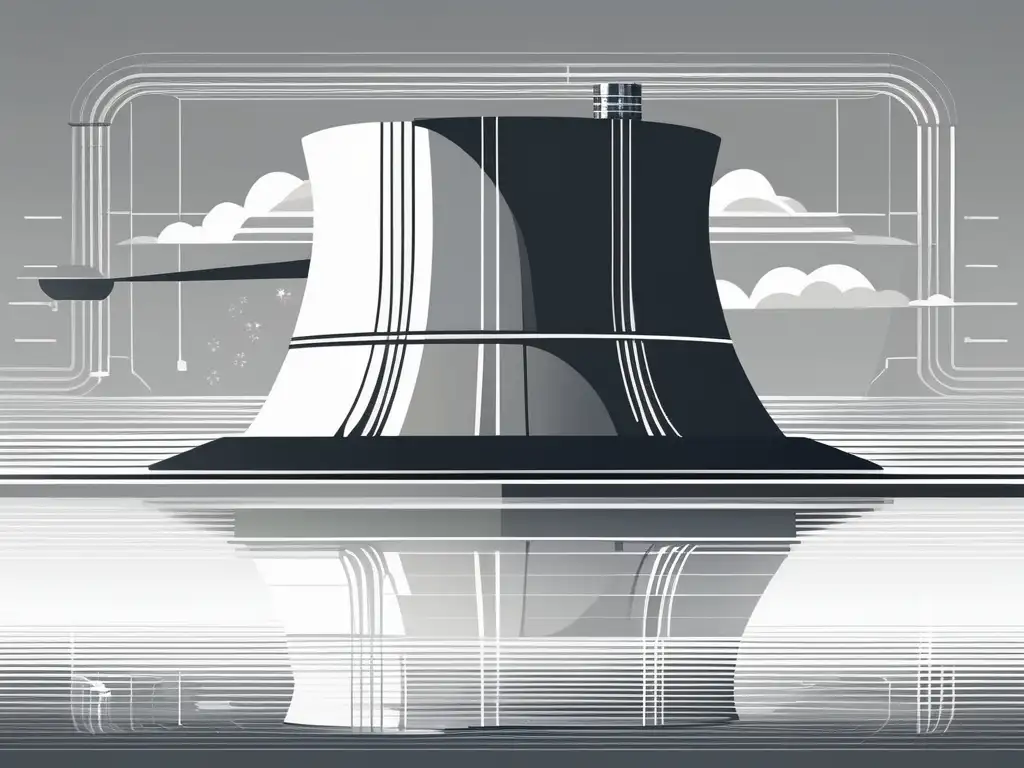 Importancia de la toma de decisiones en energía nuclear: planta de energía nuclear minimalista y abstracta en tonos grises y blancos