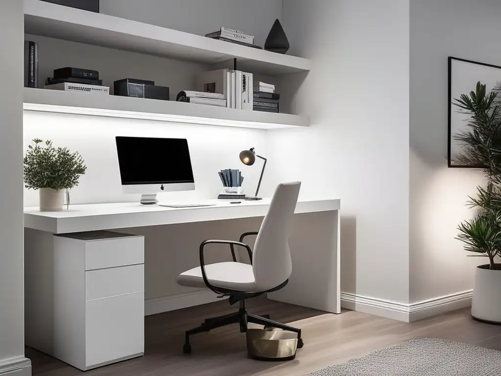 Espacio de trabajo minimalista y ordenado Persona trabajando en un escritorio minimalista en casa
