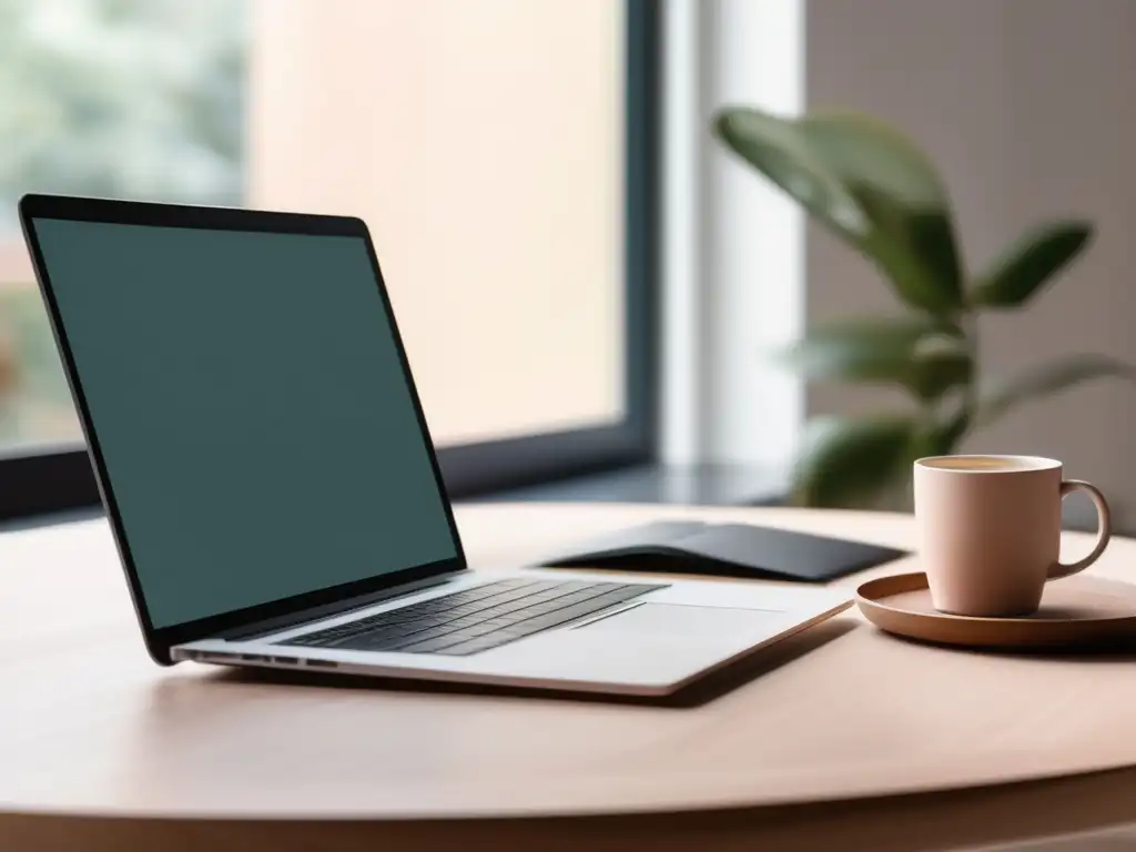 Espacio de trabajo minimalista y tranquilo Espacio de trabajo minimalista y sereno con escritorio moderno de madera clara y elementos organizados