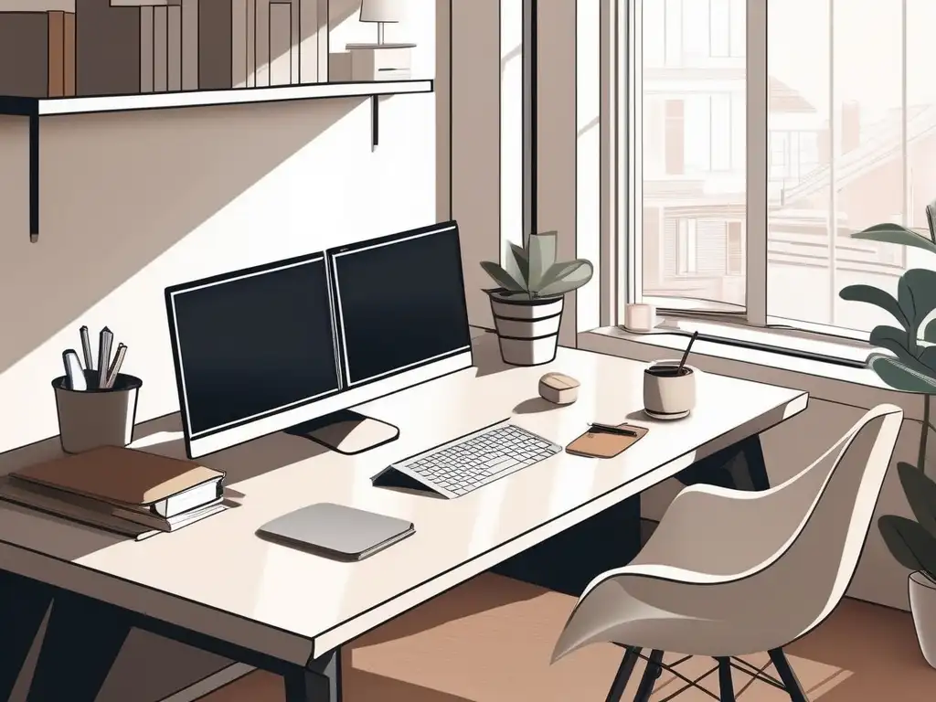 Espacio de trabajo en casa sereno y minimalista Oficina en casa serena y minimalista para la gestión del tiempo en teletrabajo