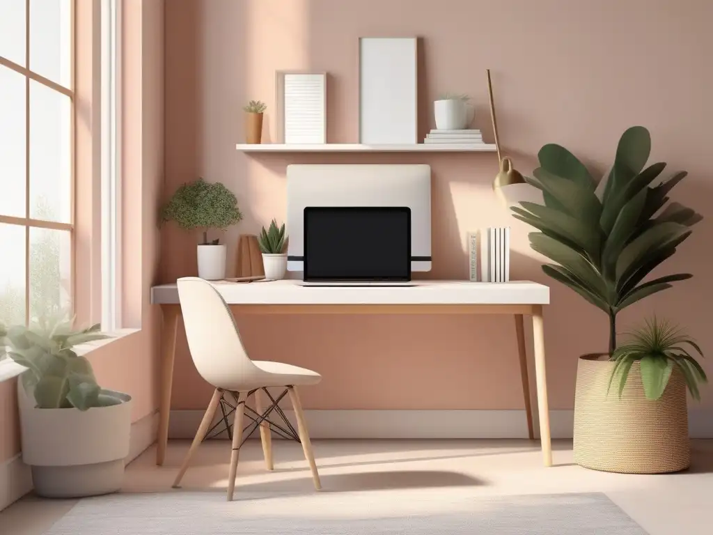 Importancia habilidades blandas teletrabajo: Oficina minimalista serena con productos organizados