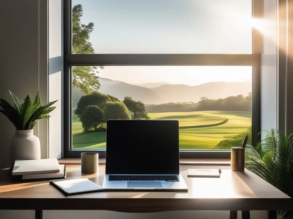 Espacio de trabajo sereno y minimalista con vista a un paisaje verde y organizado con laptop, cuaderno y pluma