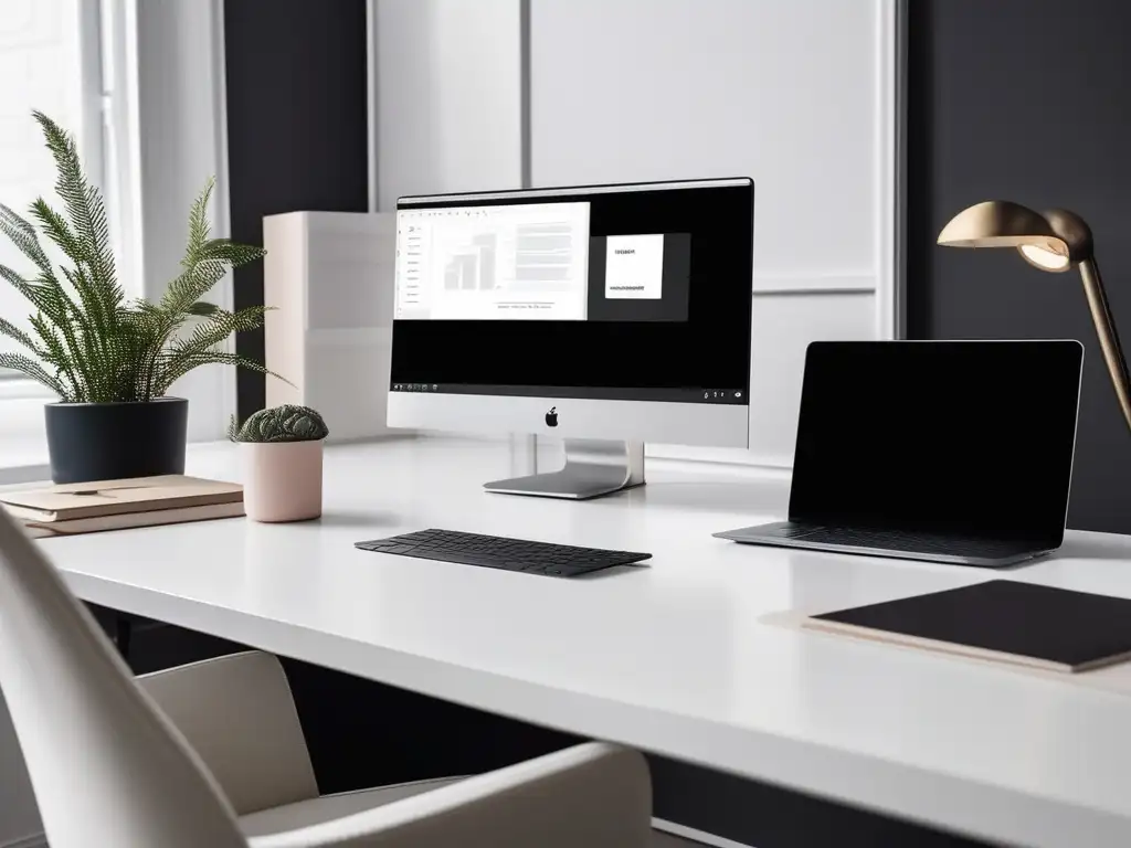 Imagen de un espacio de oficina minimalista con escritorio blanco y laptop, reflejando la importancia de la autenticidad en el teletrabajo