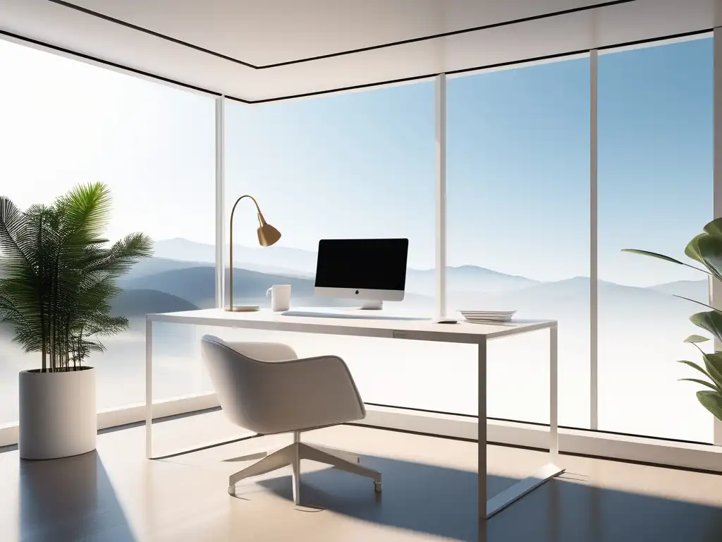 Oficina en casa con escritorio minimalista y vista a paisaje natural - Cultura de responsabilidad en teletrabajo