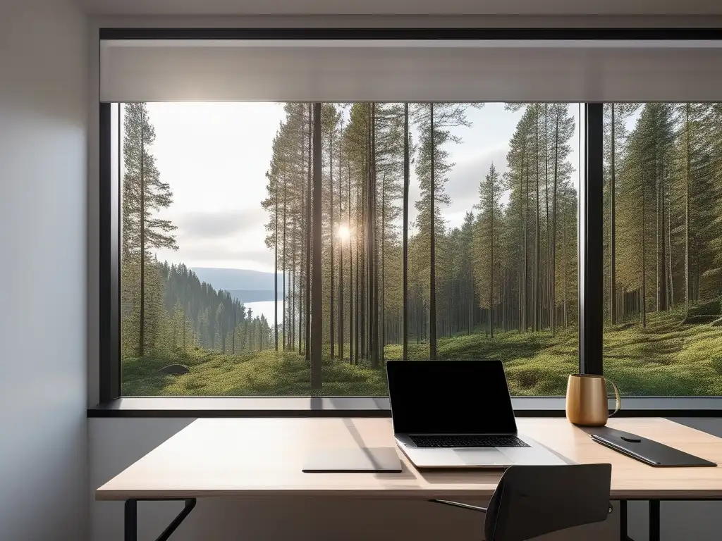 Escritorio minimalista con vista a bosque: Mindfulness y habilidades blandas