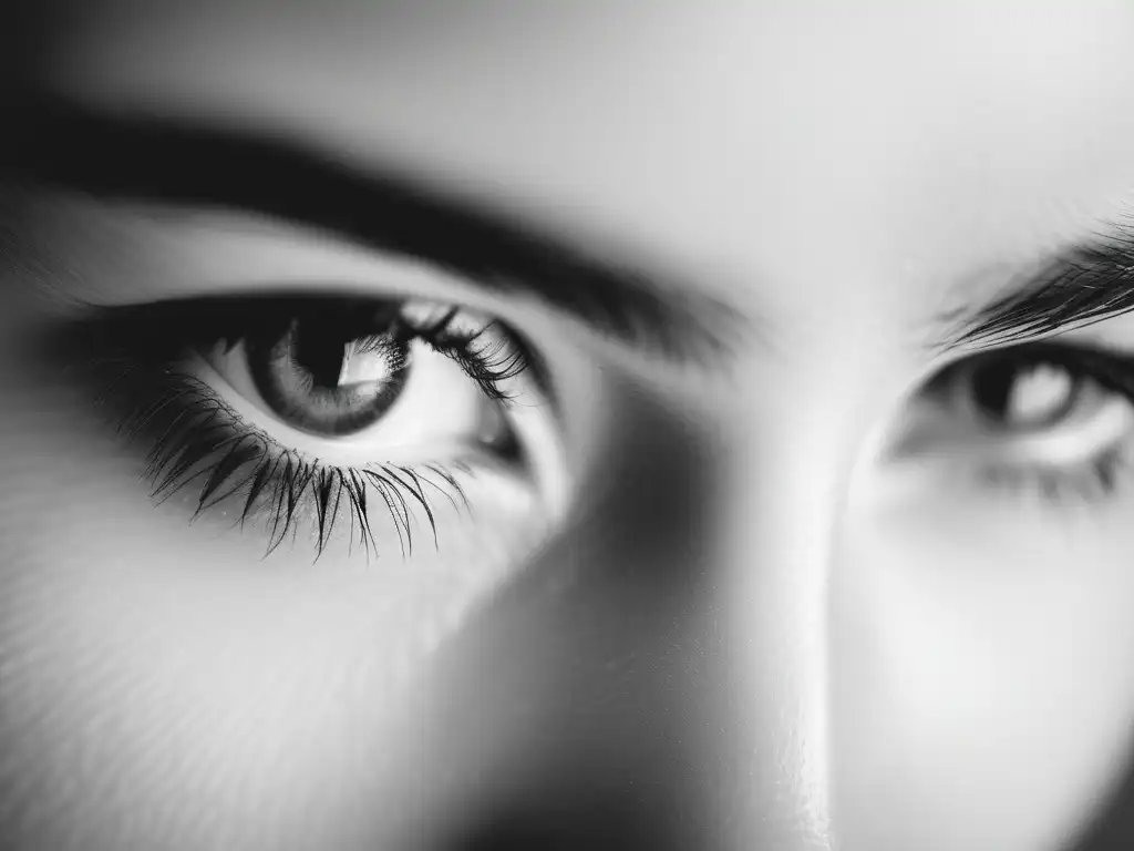 Importancia de habilidades blandas en fotografía: retrato en blanco y negro que enfatiza emociones a través de los ojos