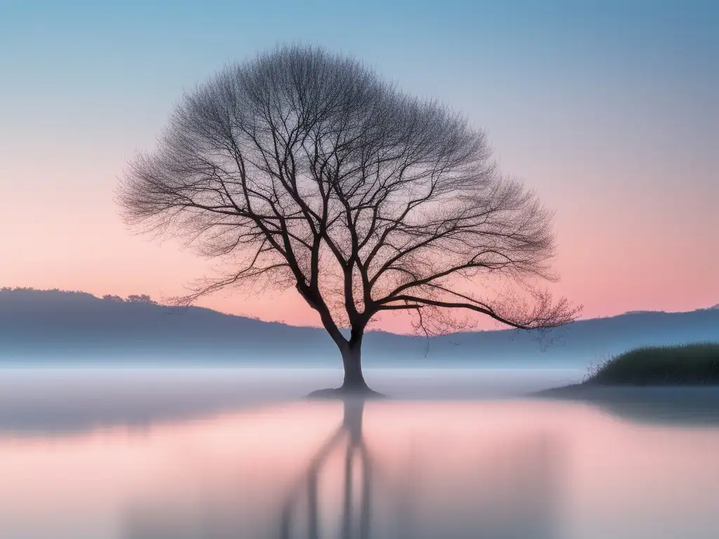 Paisaje sereno al amanecer, árbol solitario con formas geométricas y hojas abstractas - Gestionar emociones en el trabajo