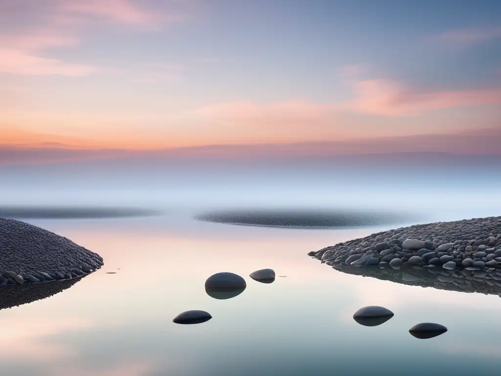 Un paisaje minimalista y sereno con un estanque tranquilo y un árbol solitario que invita a la serenidad y al mindfulness