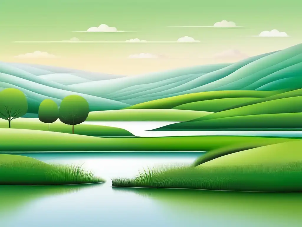 Paisaje sereno con río, campos verdes y cielo pastel