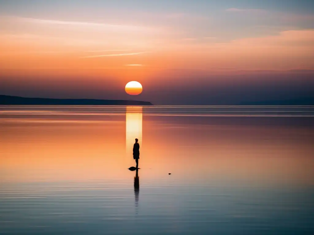 Imagen serena de agua tranquila al atardecer, con figura solitaria en isla rocosa