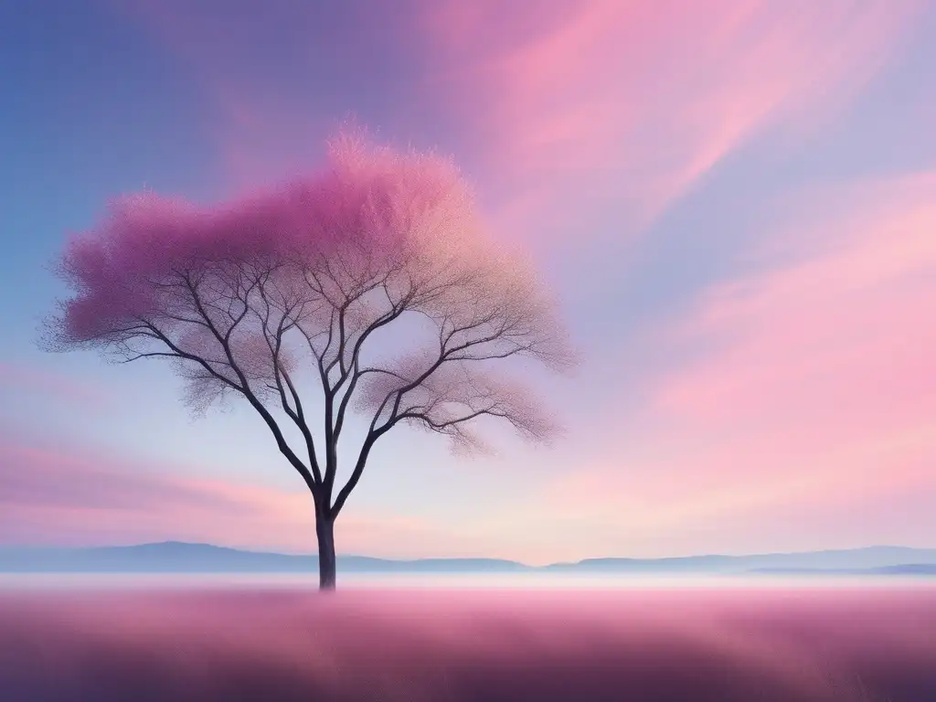 Imagen minimalista: cielo sereno, árbol solitario, simboliza fortaleza y crecimiento