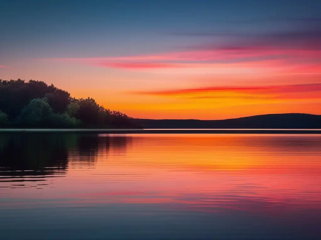 Serene lake reflecting vibrant sunset, representing mindfulness and resilience