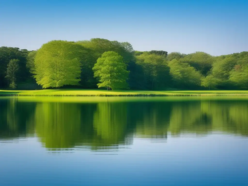 Imagen: Paisaje sereno con lago, árboles verdes y cielo azul; reflejo perfecto