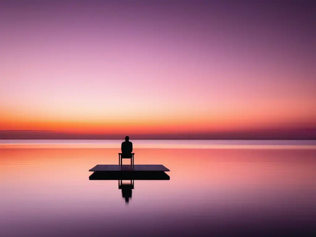 Imagen minimalista de paisaje sereno con figura meditando (Técnicas de mindfulness para el estrés)