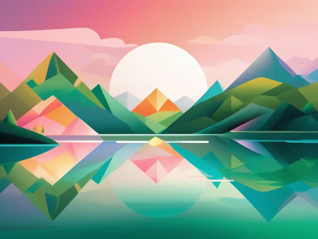 Paisaje virtual sereno con montañas pastel y lago reflejante Paisaje virtual con montañas pastel, lago cristalino y formas geométricas, simbolizando el crecimiento emocional en Realidad Virtual