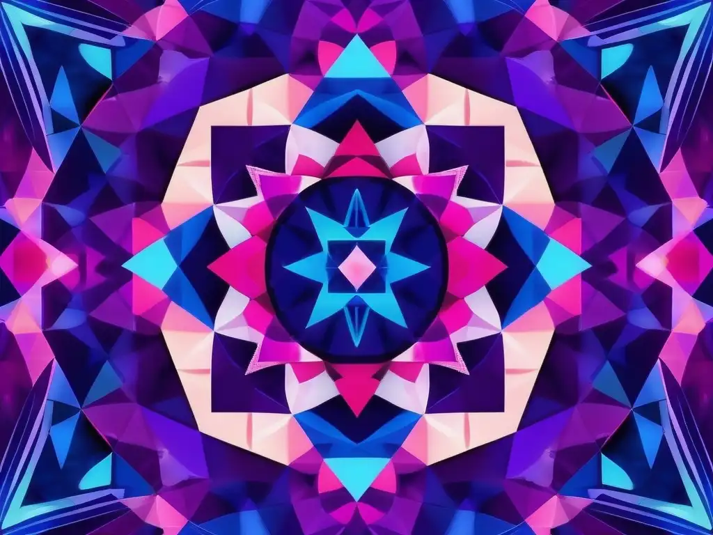 Patrón colorido de un kaleidoscopio abstracto, con tonos vibrantes de azul, morado y rosa fusionándose en un diseño simétrico