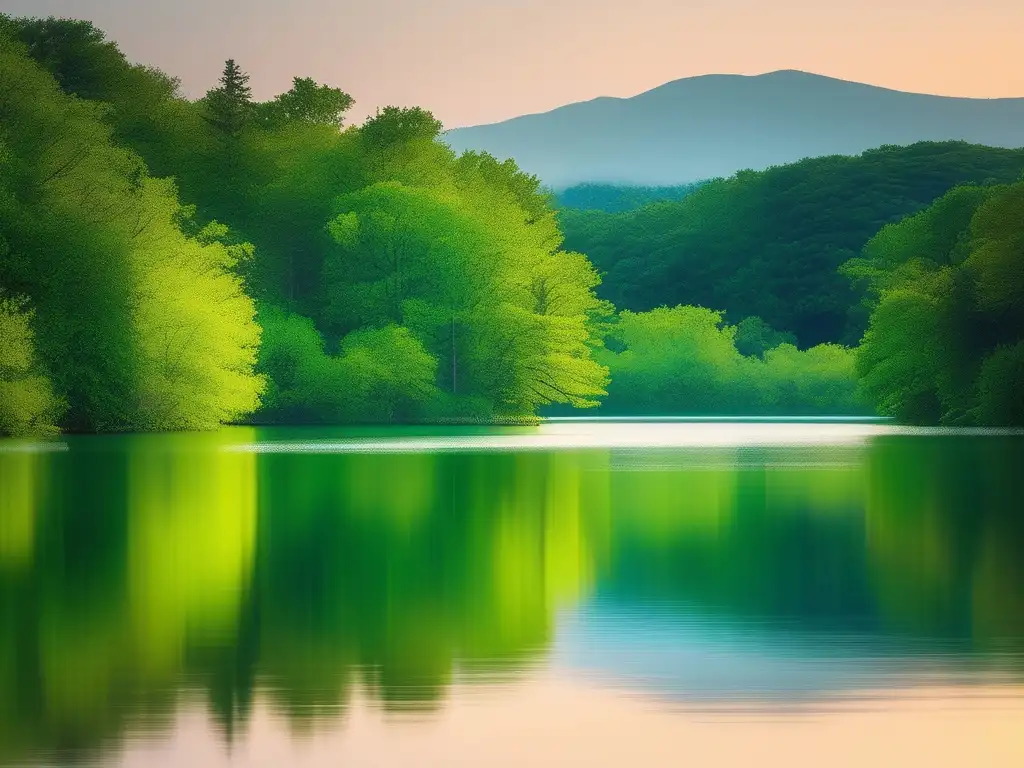 Imagen de un tranquilo lago rodeado de árboles verdes, reflejando la naturaleza vibrante y transmitiendo calma