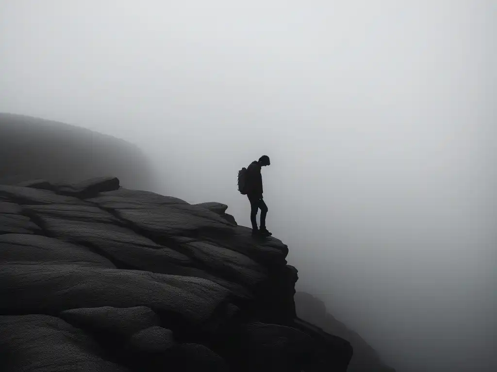 Persona exhausta en un acantilado, atrapada en la niebla, simbolizando el burnout laboral