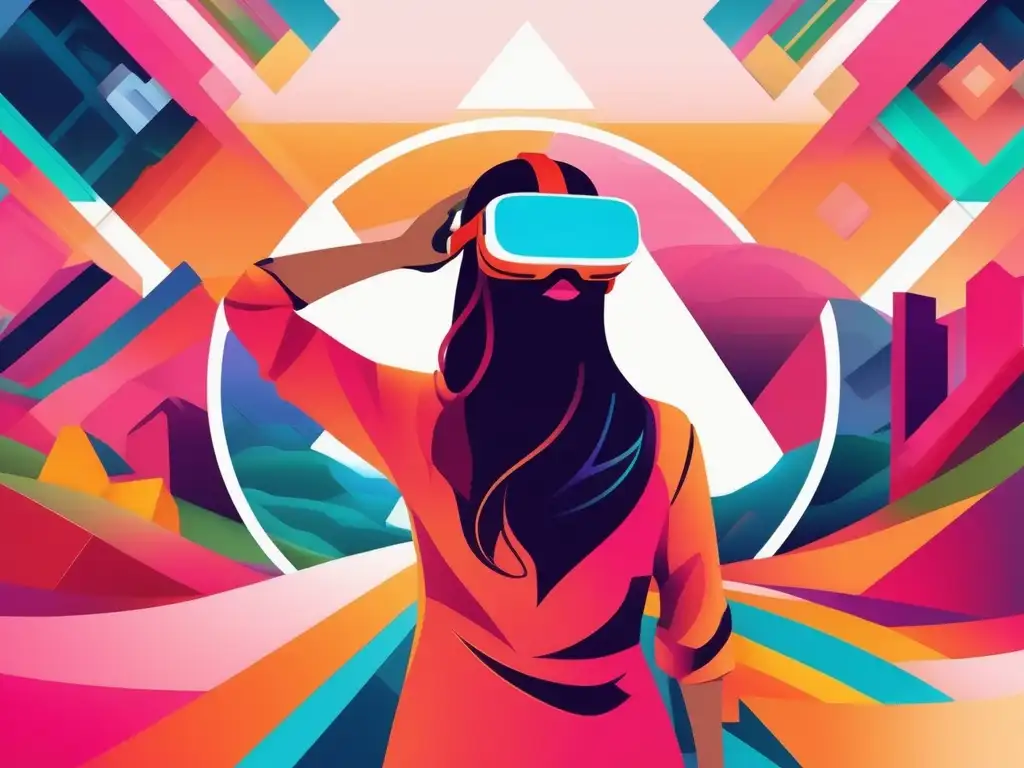 Persona en VR rodeada de paisaje abstracto Beneficios de la Realidad Virtual para la resiliencia: persona con casco VR en paisaje abstracto