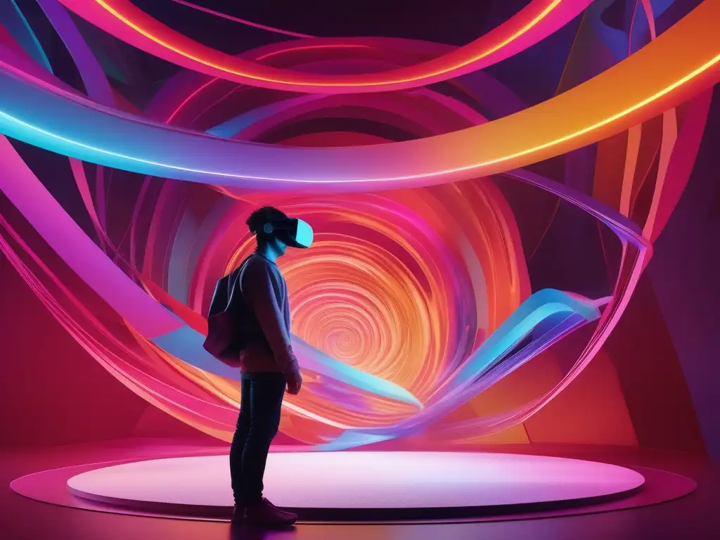 Persona inmersa en entorno virtual abstracto Persona concentrada en entorno virtual de colores y formas abstractas, representando el manejo de conflictos con Realidad Virtual