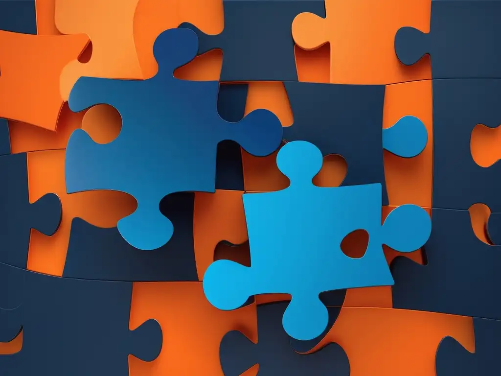 Importancia de habilidades blandas en resolución de conflictos: puzzle azul y naranja conectados, simbolizando armonía y diversidad