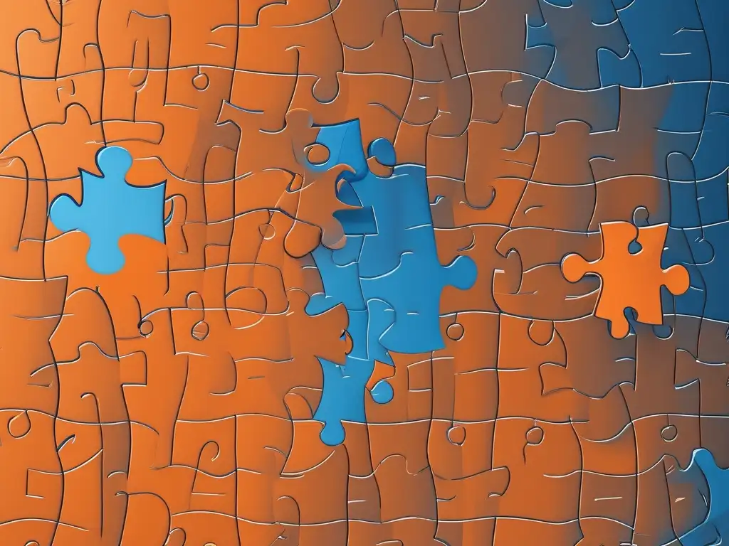 Habilidades blandas: Empatía sin juzgar - Puzzle azul y naranja representan relaciones interpersonales mejoradas y diversidad