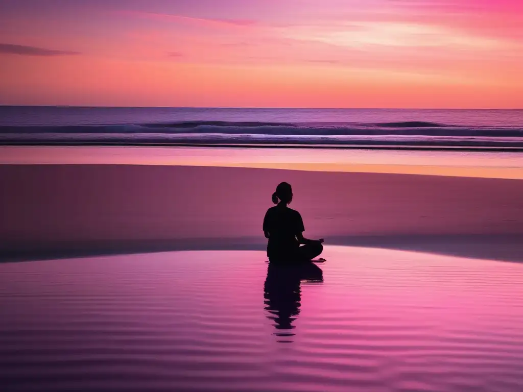 Playa tranquila al atardecer, colores suaves y figura meditando