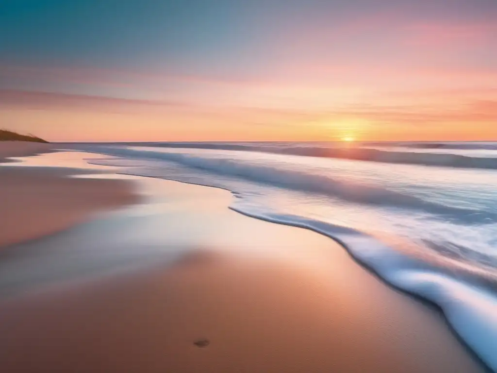 Playa serena al atardecer, colores pastel del cielo y olas suaves