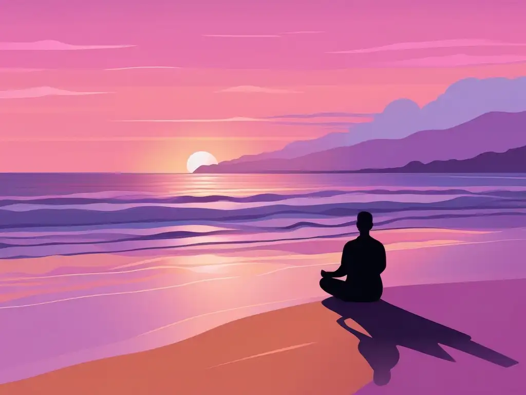 Habilidades blandas para tratar la ansiedad: Imagen minimalista de playa al atardecer, con mar tranquilo, cielo pastel y persona meditando