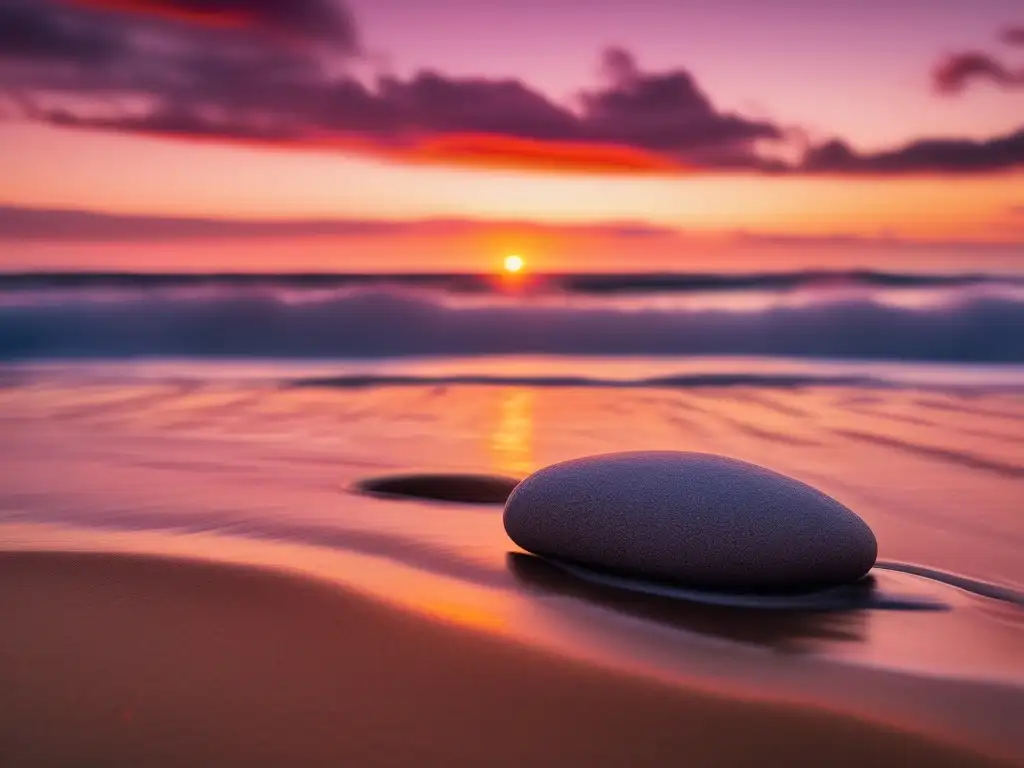 Playa serena al atardecer con piedra equilibrada