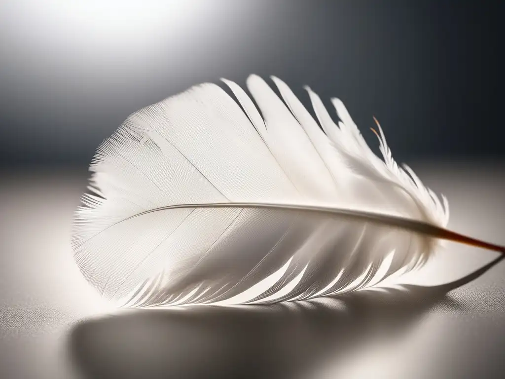 Pluma blanca flotando en el aire, iluminada y rodeada de brillo etéreo