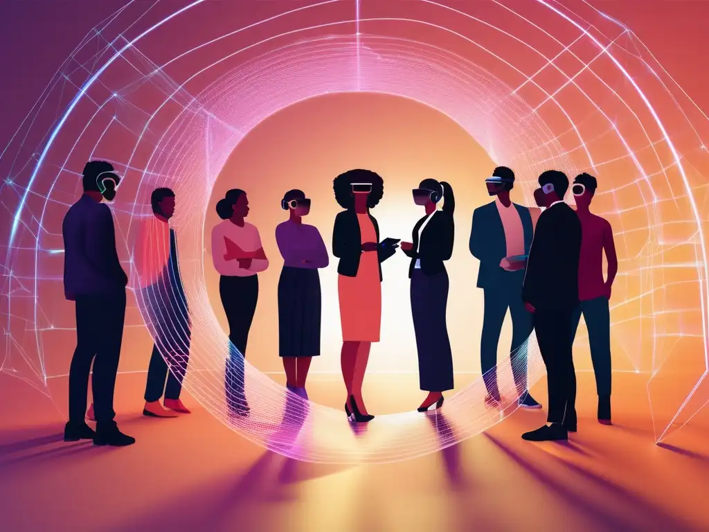 Habilidades blandas en realidad aumentada: grupo diverso con headsets, proyecciones geométricas y colores vibrantes