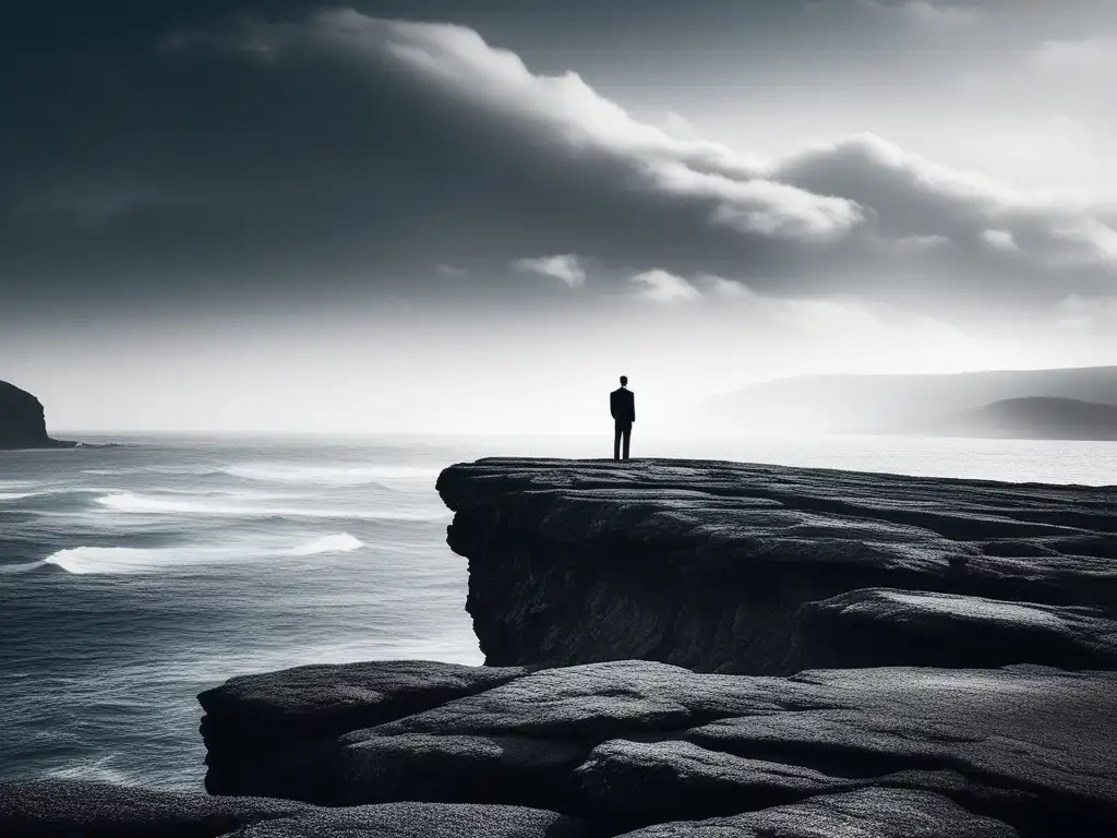 Resiliencia en el fracaso laboral: figura solitaria en acantilado, mirando al mar